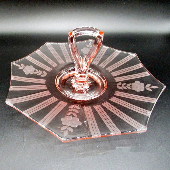 Pink Depression Glass Center Handle Octagon Tray Pastry Server Floral Etched - Picture 2 of 9